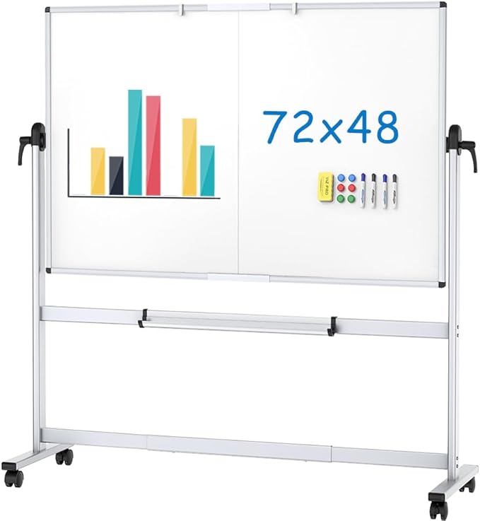 VIZ-PRO Double-Sided Mobile Whiteboard, 72 x 48 Inches, Magnetic Rolling Dry by VIZ-PRO