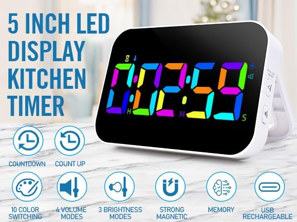 Kitchen Digital RGB Timer, Count Down Up, Rechargeable, Vibration Mode - Image 2