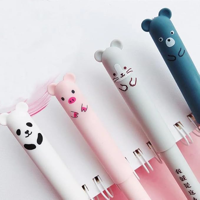 Piaogui 4pcs 0.5mm Erasable Gel Pens, Kawaii Cute Bear Pig Erasable Gel Pen Set - Image 5