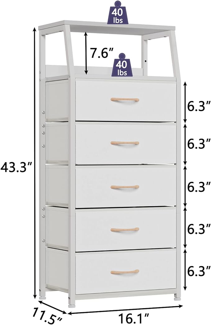 Furnulem White Dresser with 5 Drawers, Vertical Storage Tower Fabric Dresser - Image 3