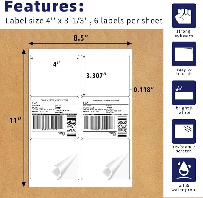 POLYSELLS Self Adhesive 3-1/3" x 4" Address Shipping Labels, 6UP White Sticker - Image 2