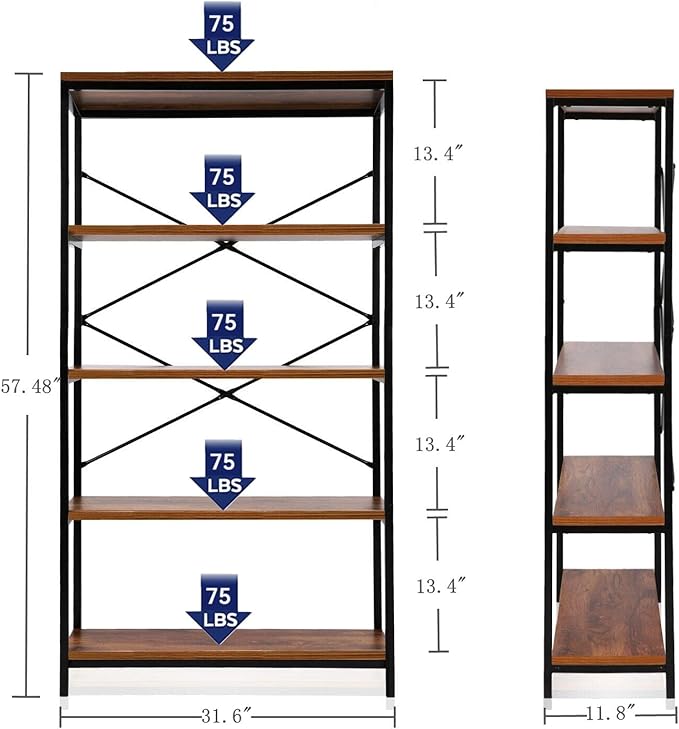 Himimi Industrial Bookshelf 5-Tier, Bookcase 58" H Ladder Shelf, Storage - Image 3
