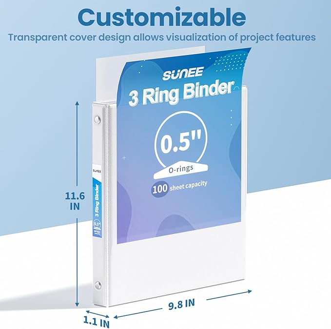 SUNEE 1/2 Inch Binders 3 Ring 12 Pack Bulk, 3 Ring Binders Clear View PVC-Free - Image 7