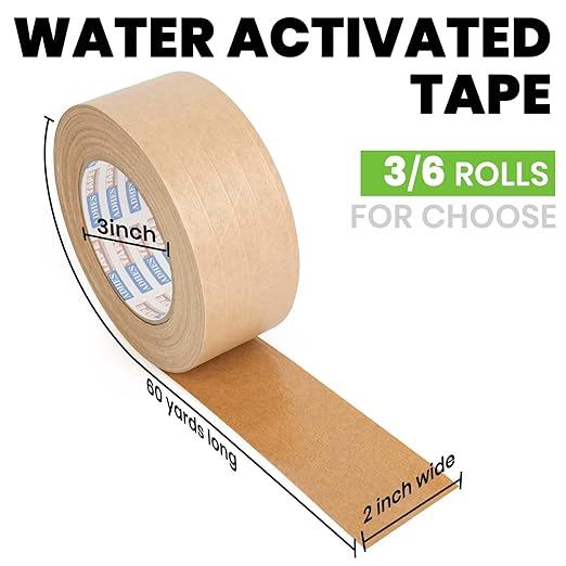 ADHES Water Activated Tape 2" x 55yds, 6 Rolls, Reinforced Kraft Gummed Paper - Image 2