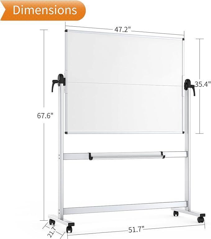 VIZ-PRO Double-Sided Mobile Whiteboard, 48 x 36 Inches, Magnetic Rolling Dry - Image 2