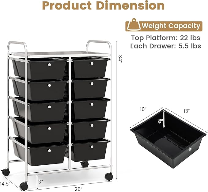 LDAILY 10 Drawer Rolling Cart, Storage Cart Organizer on Wheels, Drawer Cart - Image 3