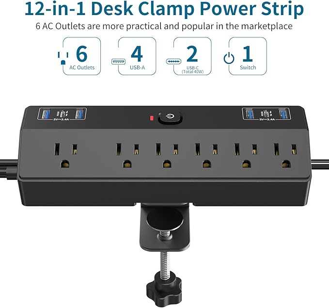 Desk Clamp Power Strip 2 USB C Desktop Mount Outlet Charging Station, 10FT - Image 2