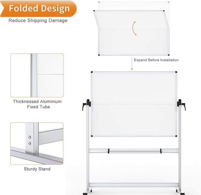VIZ-PRO Double-Sided Mobile Whiteboard, 48 x 36 Inches, Magnetic Rolling Dry - Image 3