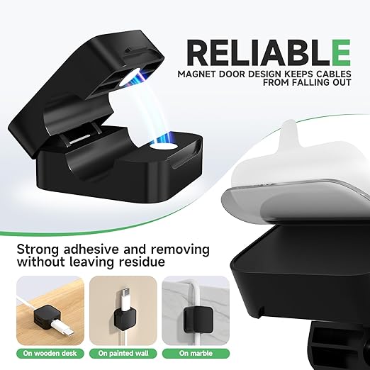 6 Black Magnetic Cable Clips, Under Desk Cable Management, Cord Holder - Image 5