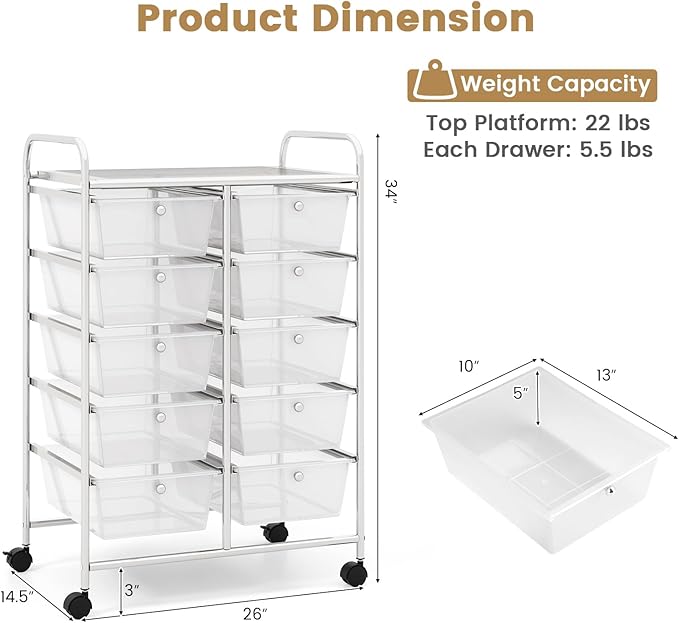 HAPPYGRILL 10-Drawer Rolling Storage Cart, Storage Organizer Cart - Image 7