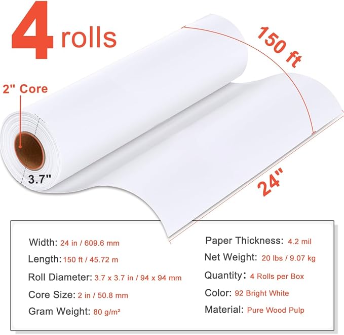 Plotter Paper 24" x 150', Engineering Drawings, Custom-Sized Prints (4 Rolls） - Image 2