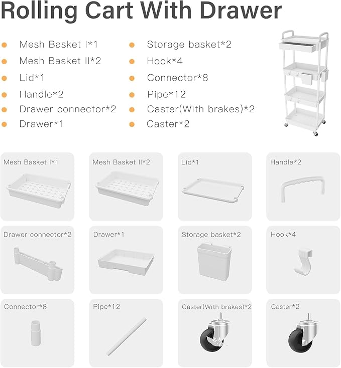 Sorgion 4 Tier Rolling Cart Organizer, Art Craft Diaper Bedside Snack Laundry - Image 7