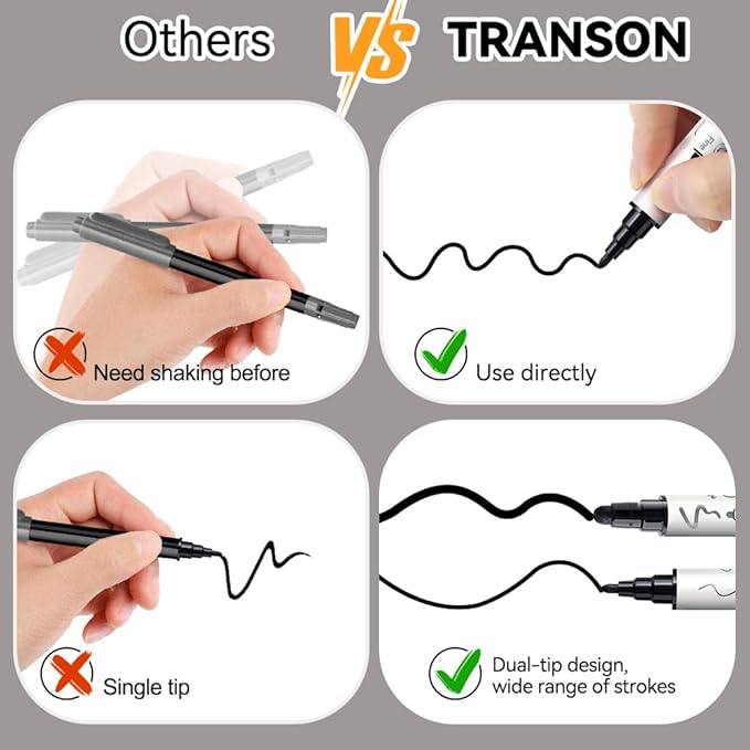 TRANSON 8 Pack Black Bold and Fine Dual-tip Acrylic Paint Marker - Image 5