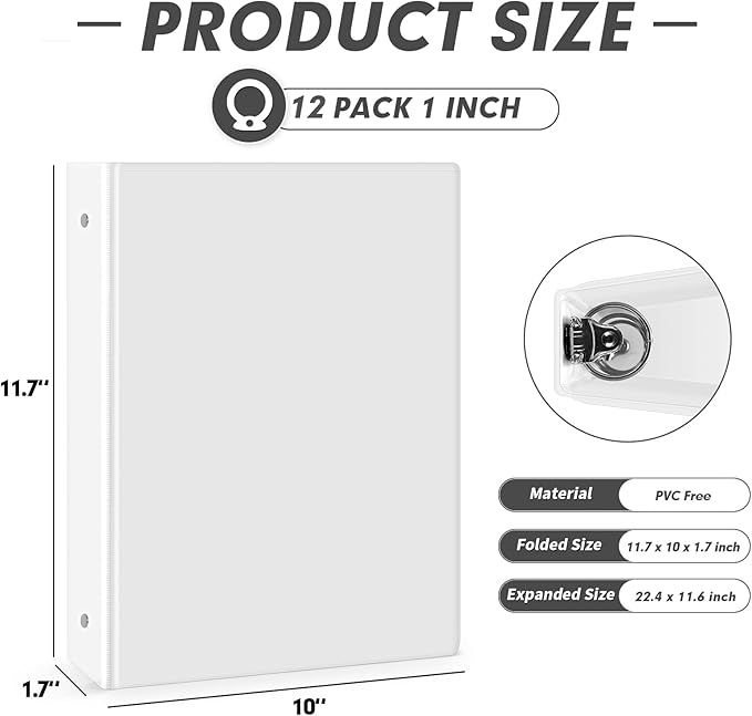 3 Ring Binder 1 Inch, PANDRI 12 Pack 1-Inch Binder Fits Letter Size 8.5'' x - Image 2