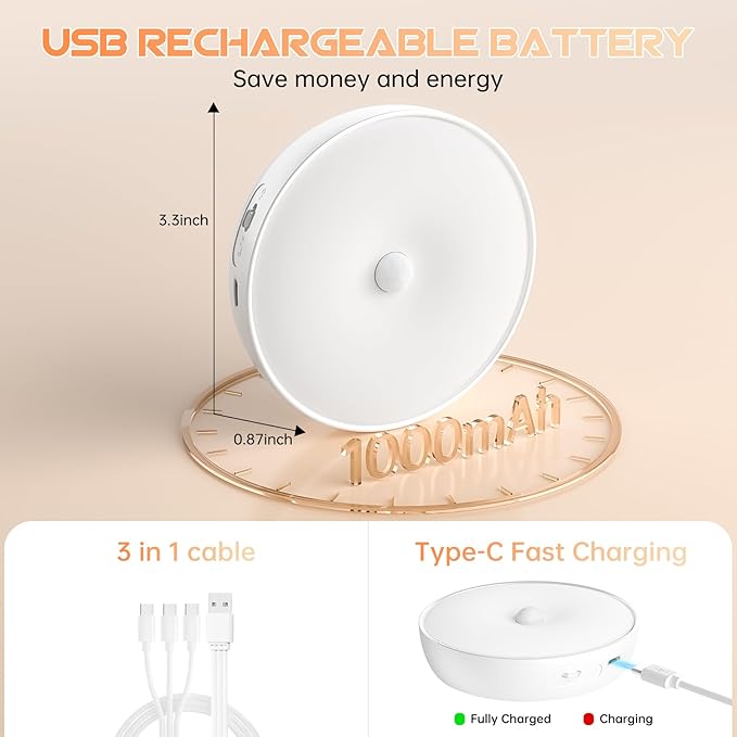 Warm Color LED Closet Lights Motion Sensor Step Light, USB Rechargeable Battery - Image 2