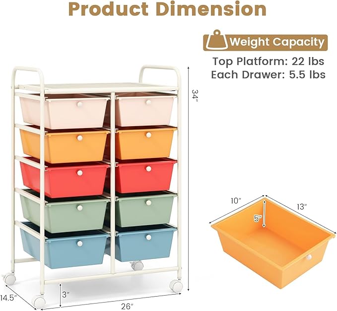 LDAILY 10 Drawer Rolling Cart, Storage Cart Organizer on Wheels, Drawer Cart - Image 3