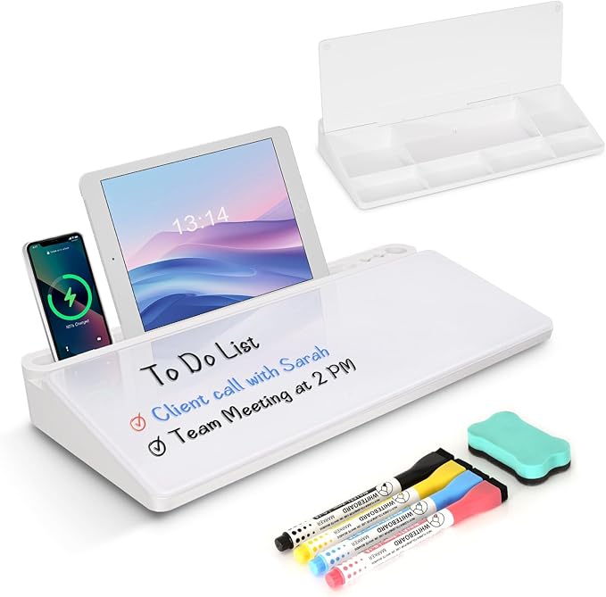 Desktop Glass Whiteboard with Storage, Desk White Board with Computer Keyboard by WALGLASS