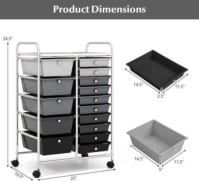 COSTWAY 15 Drawers Storage Cart, Mobile Tools Scrapbook Paper Organizer Cart - Image 3