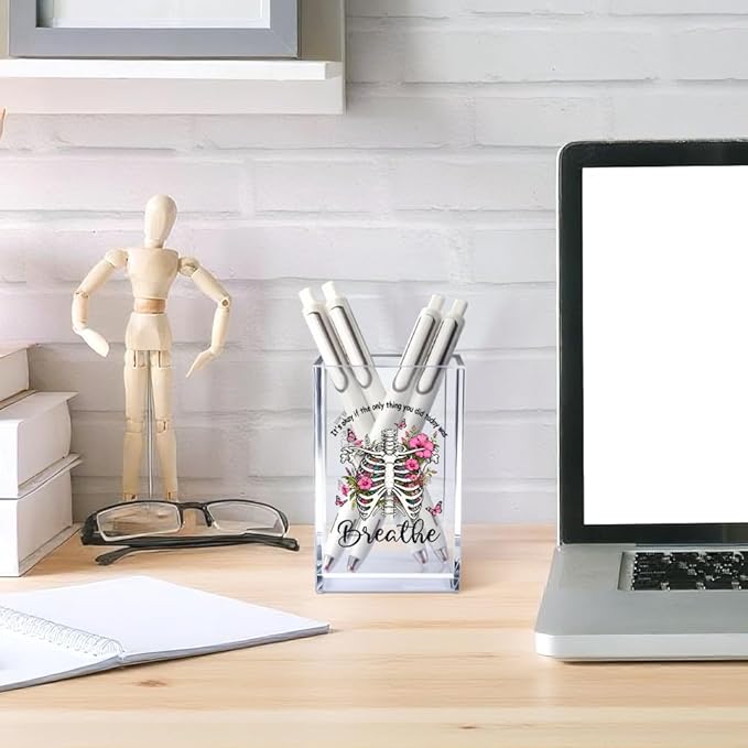 Vgrti It's Okay Only Breathe Acrylic Cosmetic Pencil Pen Holder Cup, Skeleton - Image 4