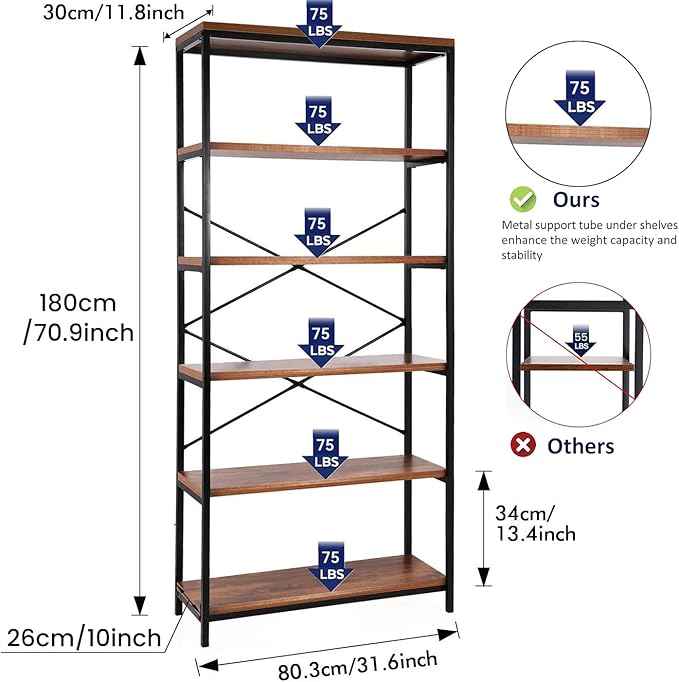 Himimi 6-Tier Bookshelf Set of 2, Tall Bookcase Industrial Wood Storage Rack - Image 2
