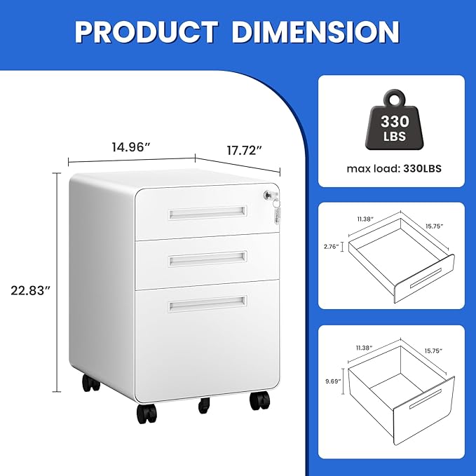 MIIIKO Mobile Filing Cabinet 3 Drawer, Filing Cabinets - Image 3