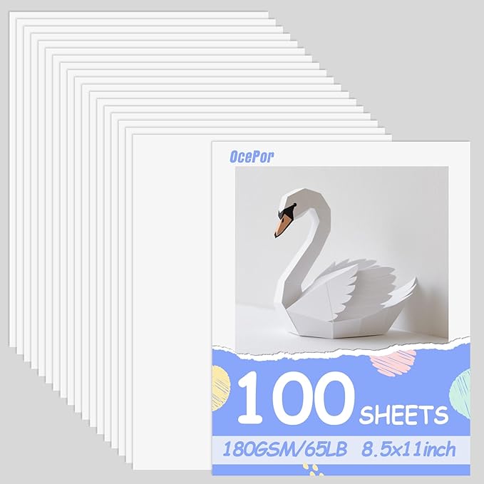 OcePor 100 Sheets White Cardstock 8.5” x 11”, 65lb/180gsm White Card Stock by OcePor