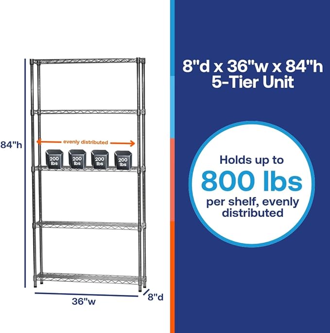 Shelving Inc. 8"D x 36"W x 84"H Chrome Wire Tiered Shelf - Image 6