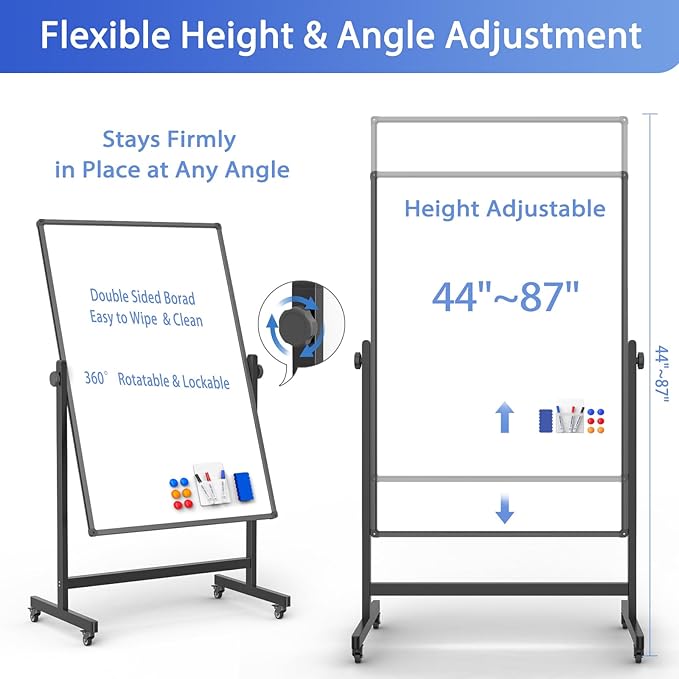 Double-Sided Whiteboard and Corkboard on Wheels, 48 x 32 Inch Magnetic Dry - Image 2