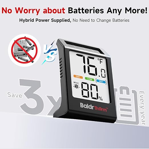 BaldrTherm Room Thermometer Indoor Humidity Meter, Solar-Powered 3.2'' Digital - Image 4