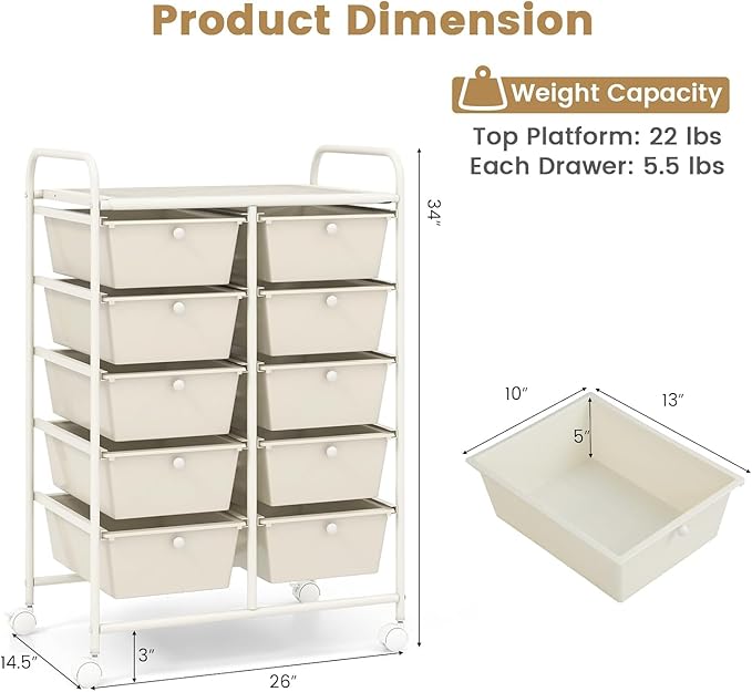 LDAILY 10 Drawer Rolling Cart, Storage Cart Organizer on Wheels, Drawer Cart - Image 3