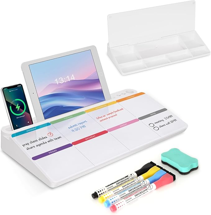 Desktop Glass Whiteboard with Storage, Colorful Weekly Calendar Desk Dry Erase by WALGLASS