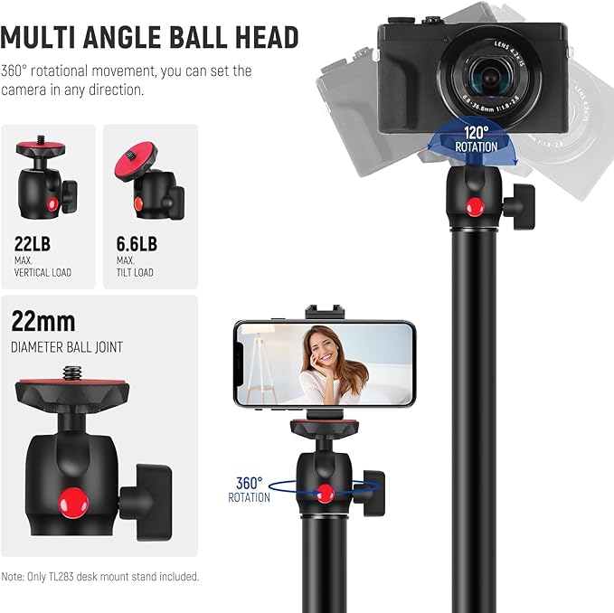 NEEWER Camera Desk Mount with Phone Holder & 360° Ball Head, Desktop Stand - Image 3