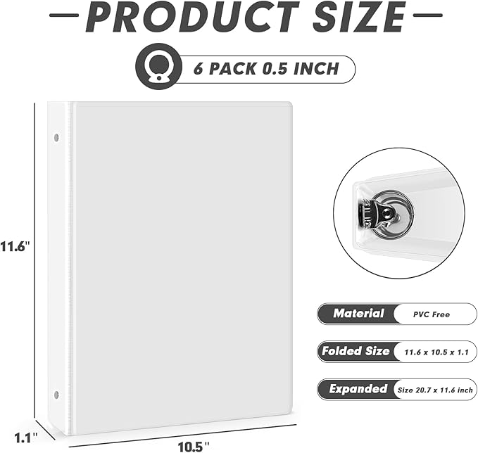 3 Ring Binder 0.5 Inch, PANDRI 6 Pack Binder Fits Letter Size 8.5'' x 11'' Paper - Image 2