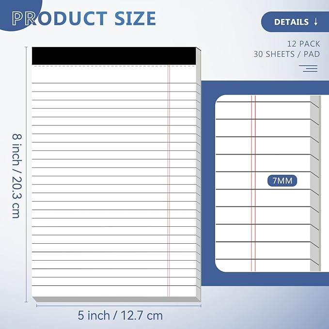 Nichela 5" x 8" Note Pads 12 Pack of Legal Pads 30 Sheets Notepad College Ruled - Image 2