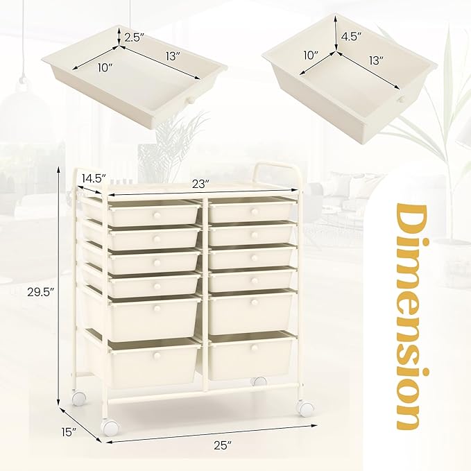 Happygrill 12-Drawer Rolling Storage Cart, 2 Sizes Plastic Drawers & Metal Shelf - Image 2