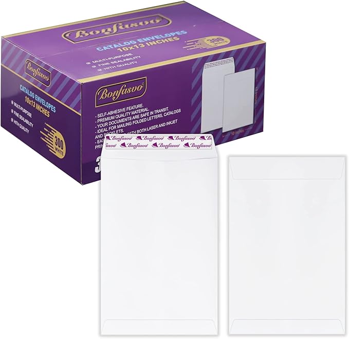 Bonfasvo 300 Pack 10x13 White Catalog Envelopes Peel & Seal Security Mailing by Bonfasvo