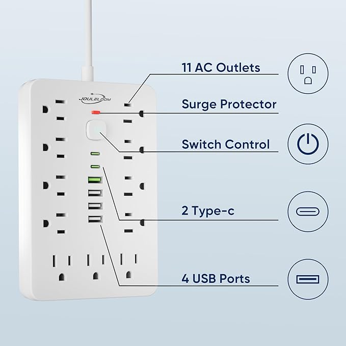 JouleLoom 10 FT Flat Plug Surge Protector Power Strip, 11 Multiple AC Outlets - Image 5