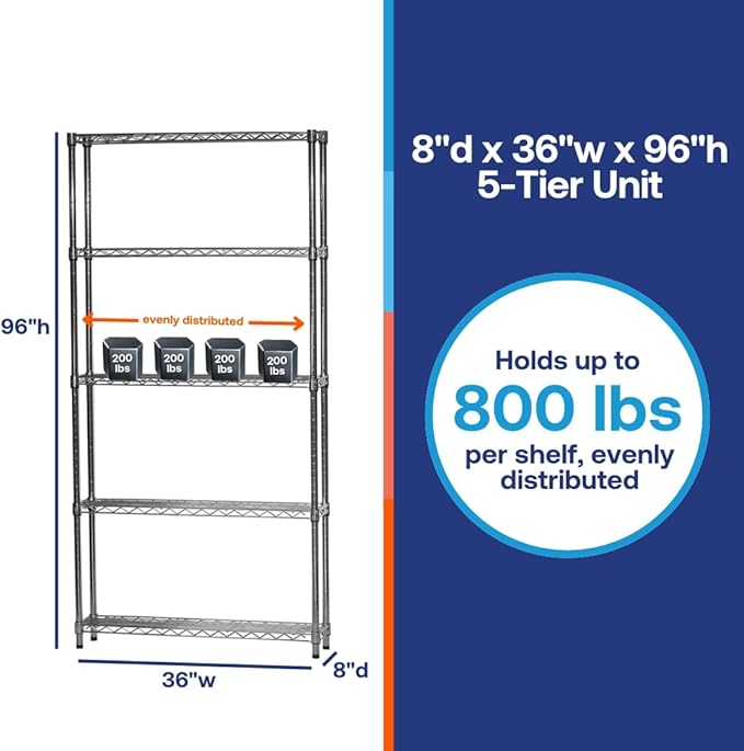 Shelving Inc. 5-Tier Chrome Wire Shelving, Modern/Industrial Style, 800lbs - Image 6