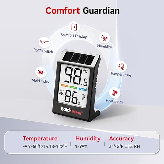 BaldrTherm Room Thermometer Indoor Humidity Meter, Solar-Powered 3.2'' Digital - Image 9