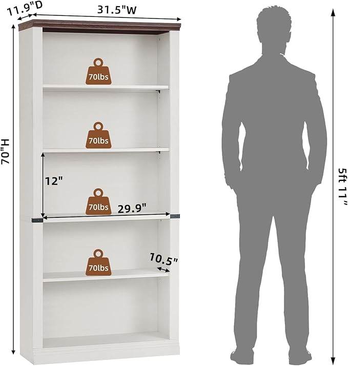 RWYHG 70" White Tall Bookshelf Set of 3, 5-Tier Thick Wooden Book Shelf - Image 3