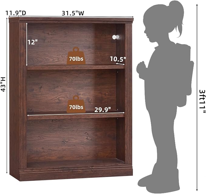 RWYHG 43" Walnut Tall Bookshelf, 3-Tier Thick Wooden Book Shelf - Image 2