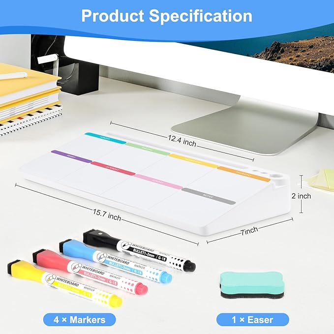 Desktop Glass Whiteboard with Storage, Colorful Weekly Calendar Desk Dry Erase - Image 5