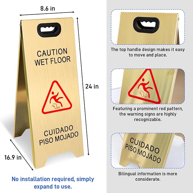 Kerty 4 Pack Stainless Steel Wet Floor Sign, 24 Inch Caution Wet Floor Sign - Image 3