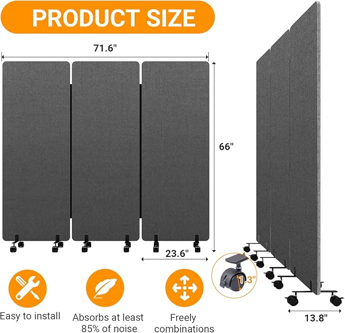 Soundproof Room Divider with Wheels, 66in Office Dividers - Image 7