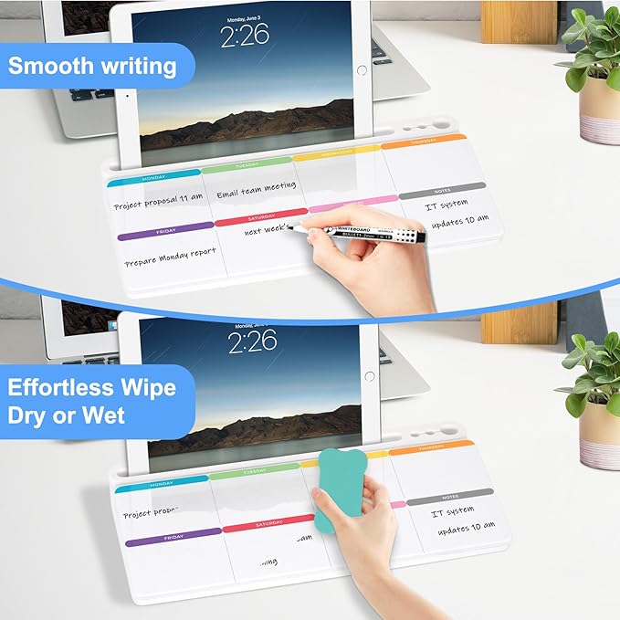 Desktop Glass Whiteboard with Storage, Colorful Weekly Calendar Desk Dry Erase - Image 6
