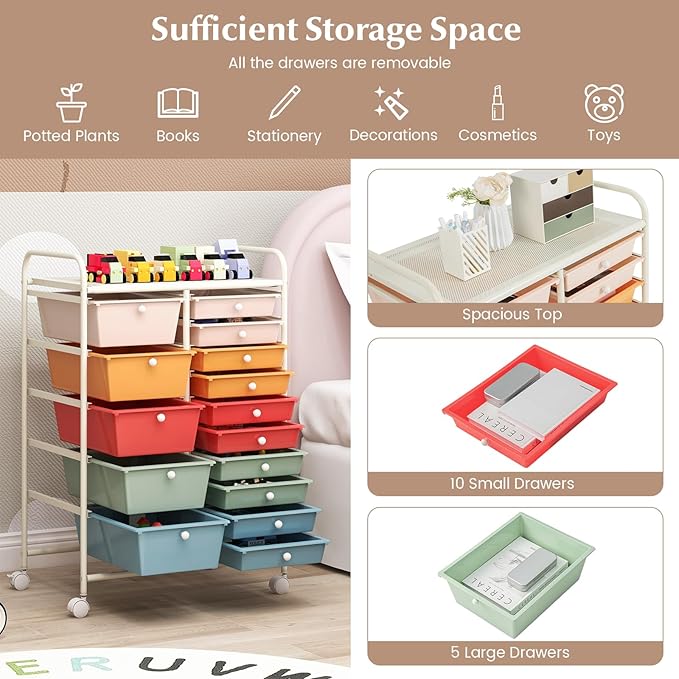 COSTWAY 15 Drawers Storage Cart, Mobile Tools Scrapbook Paper Organizer Cart - Image 4
