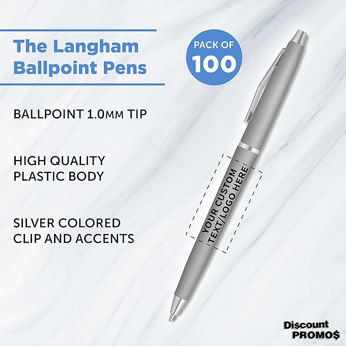 DISCOUNT PROMOS Custom Langham Ballpoint Pens Set of 100, Personalized Bulk Pack - Image 3