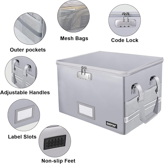 ENGPOW File Box with Lock, Fireproof Document Box with Zipper＆Pockets, - Image 6