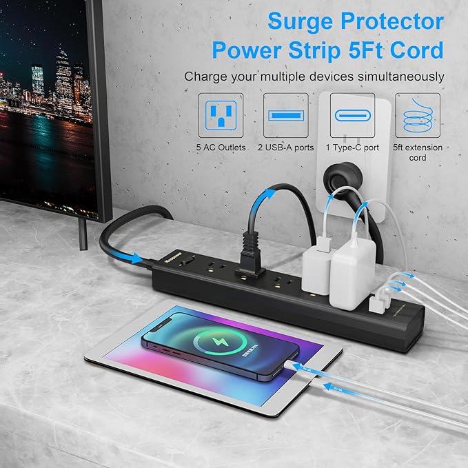2 Pack Power Strip Surge Protector-5 Widely Spaced Outlets 3 USB Ports - Image 2