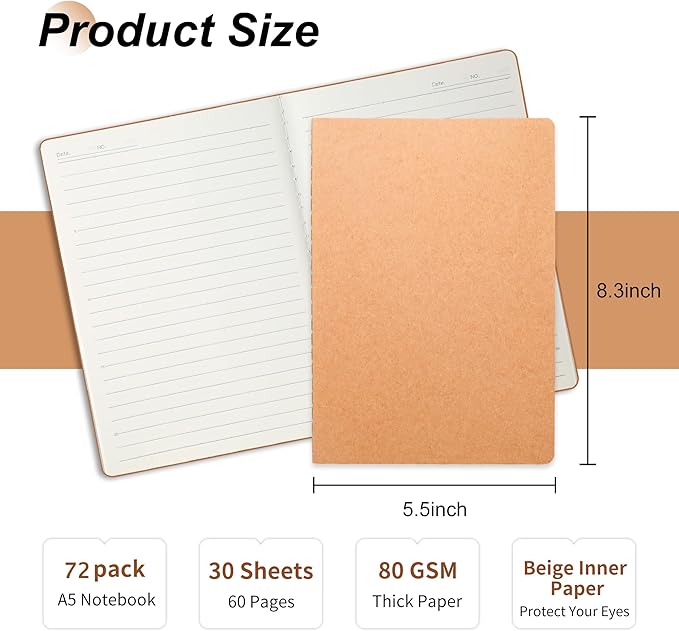 miikoul 72 Pack A5 Kraft Paper Notebook Lined Journal Bulk, 8.3 X 5.5 Inch - Image 2